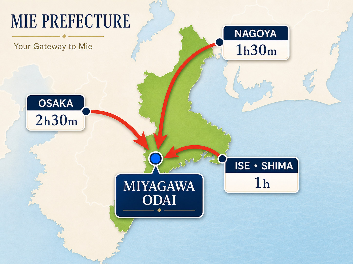Map showing travel time to Miyagawa Odai from Nagoya, Osaka, and Ise Shima